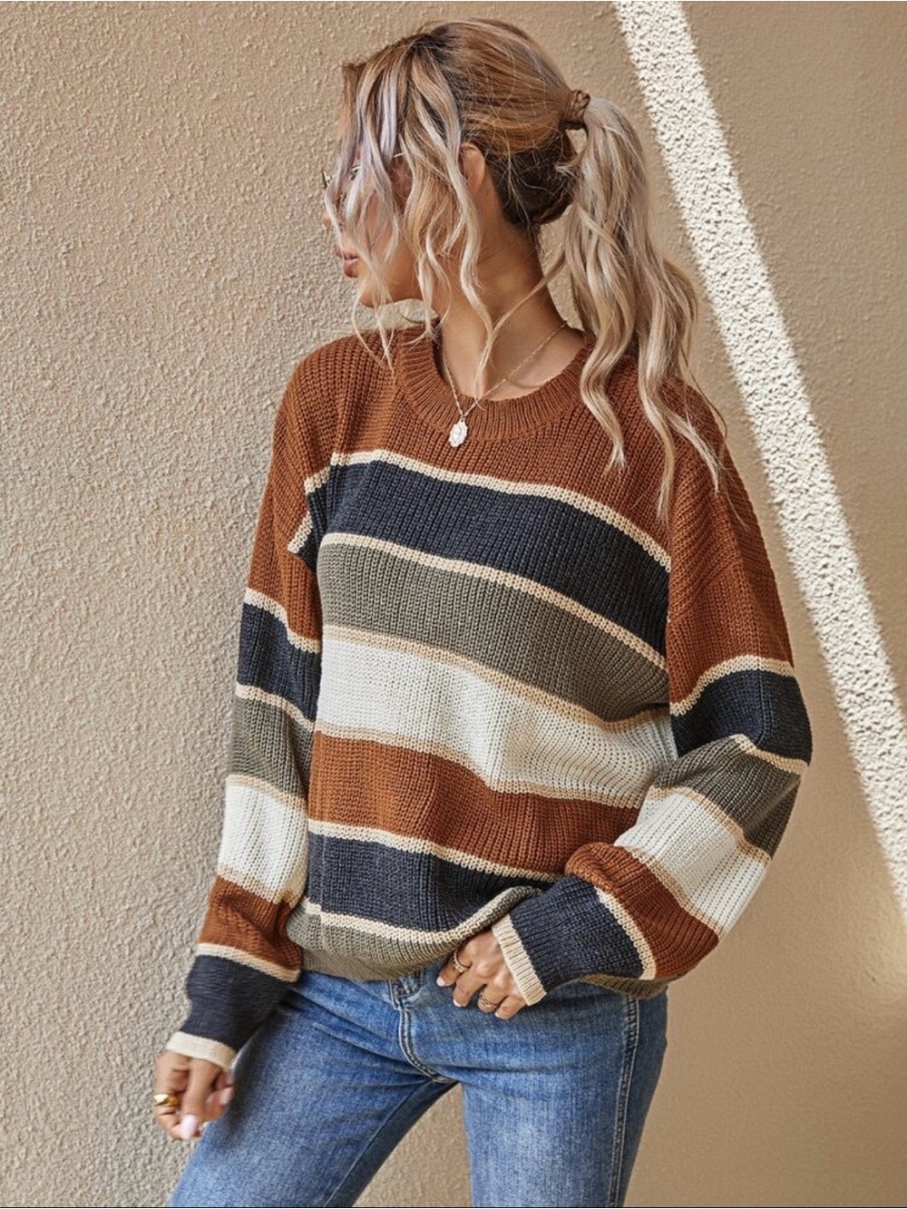 Multi-Stripe Crewneck Sweater in Rust, Navy, Olive & Cream